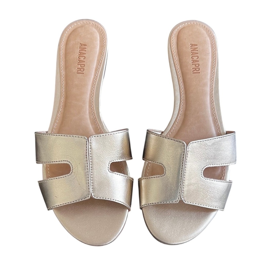 Anacapri Metallic Gold H-Strap Flat Slide‎ Sandals Made in Brazil Size 38 EUR